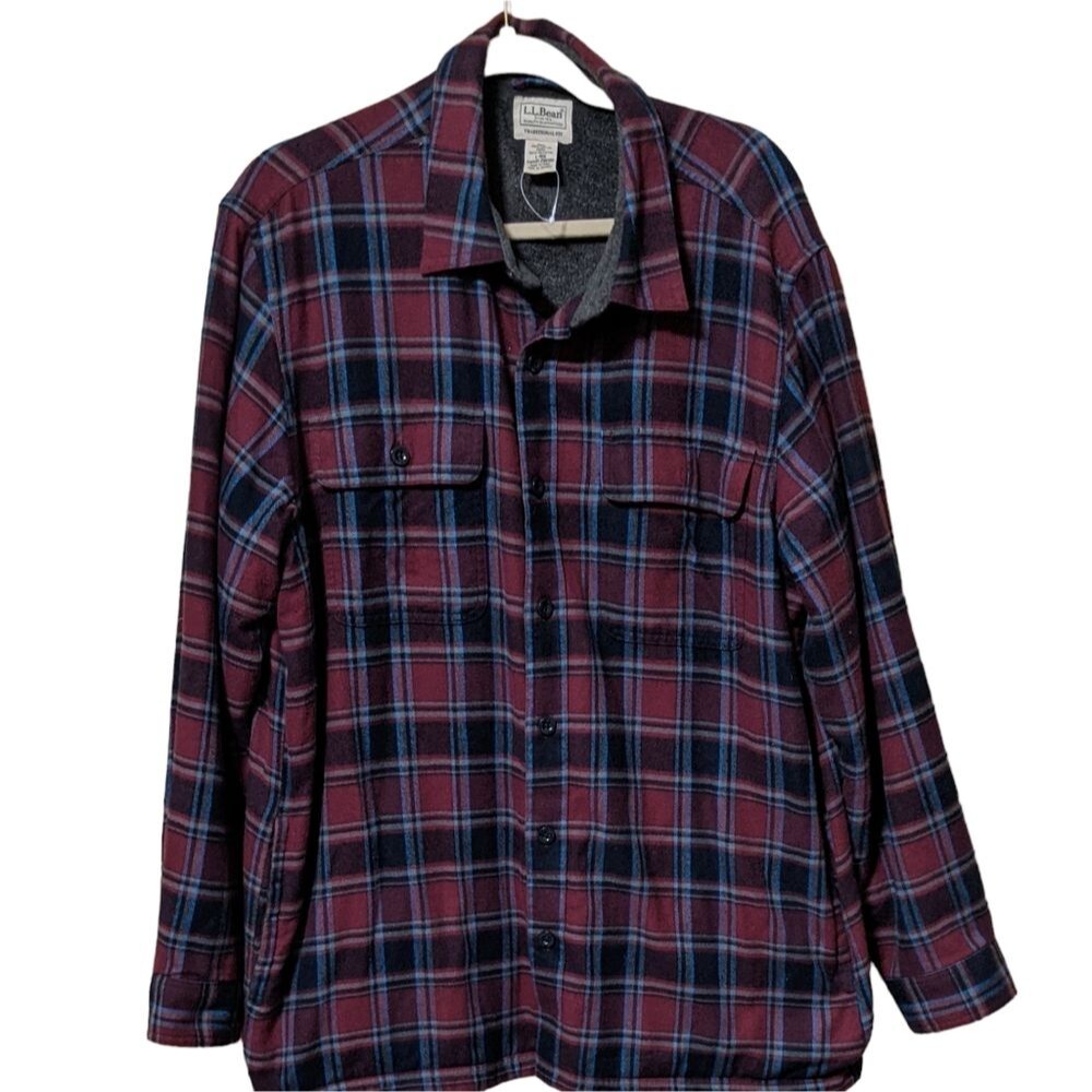 L.L. Bean traditional fit plaid Fleece-Lined Flannel Shirt shacket Cotton L-Reg